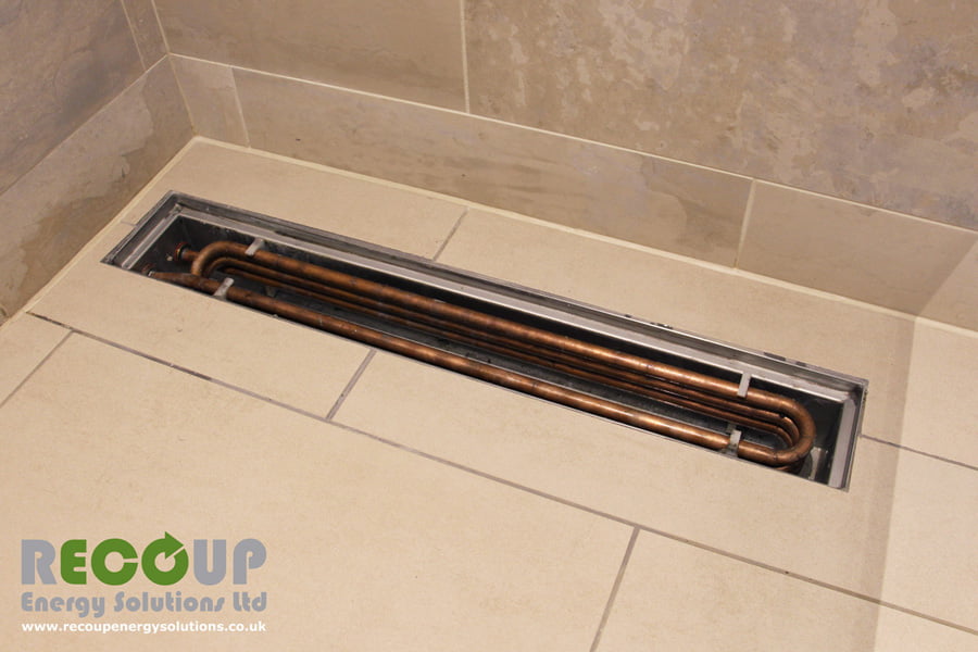 Recoup WWHRS Drain+ Compact wet room installation, cover and trap tray removed